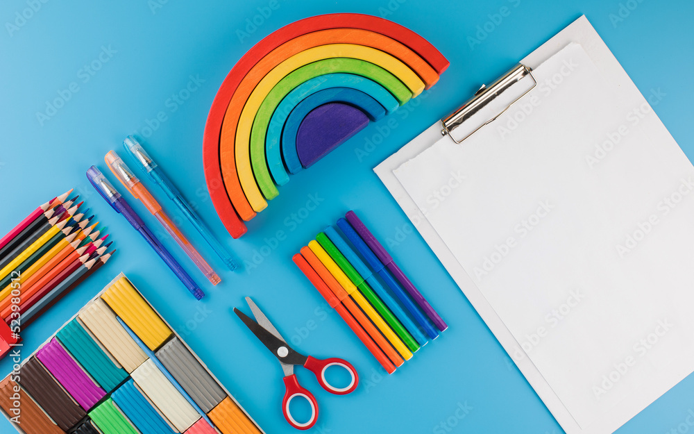 Stationery for creativity on a blue background. Back to school. Copy space. Stationery for creativity on a blue background. Back to school. Copy space.
