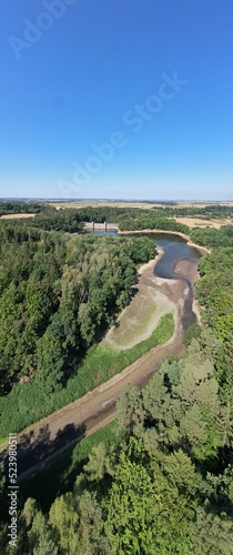 Parizov water reservoir dried up,Parizov dam,dried out during drought,Czech republic,Europe,aerial panorama landscape view,european droughts,climate change,Doubravka river,Vodní nádrž Pařížov photo