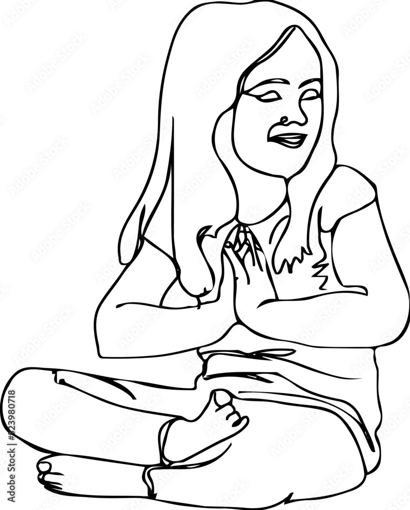 Continuous one line sketch drawing of kid girl doing indian namaste in ...