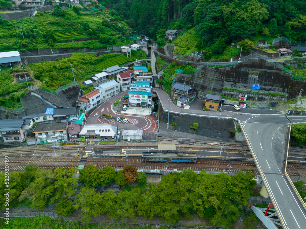 Aerial view of outdoor train station in small mountain village
