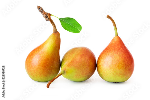 Three fruits of a sweet and ripe pear with a green leaf isolated on a white background. Fresh and healthy organic bio product