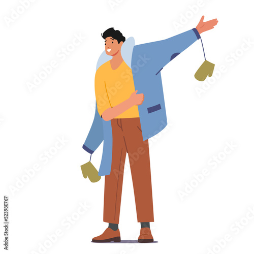 Male Character Dressing Warm Coat with Mittens. Man Put on Winter Clothes Prepare go Outside Isolated White Background