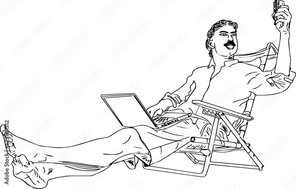 Man doing relaxing on beach sitting on chair holding laptop and cell phone line art vector illustration, Man holding laptop and mobile sketch drawing, Man in relxing pose cartoon clip art