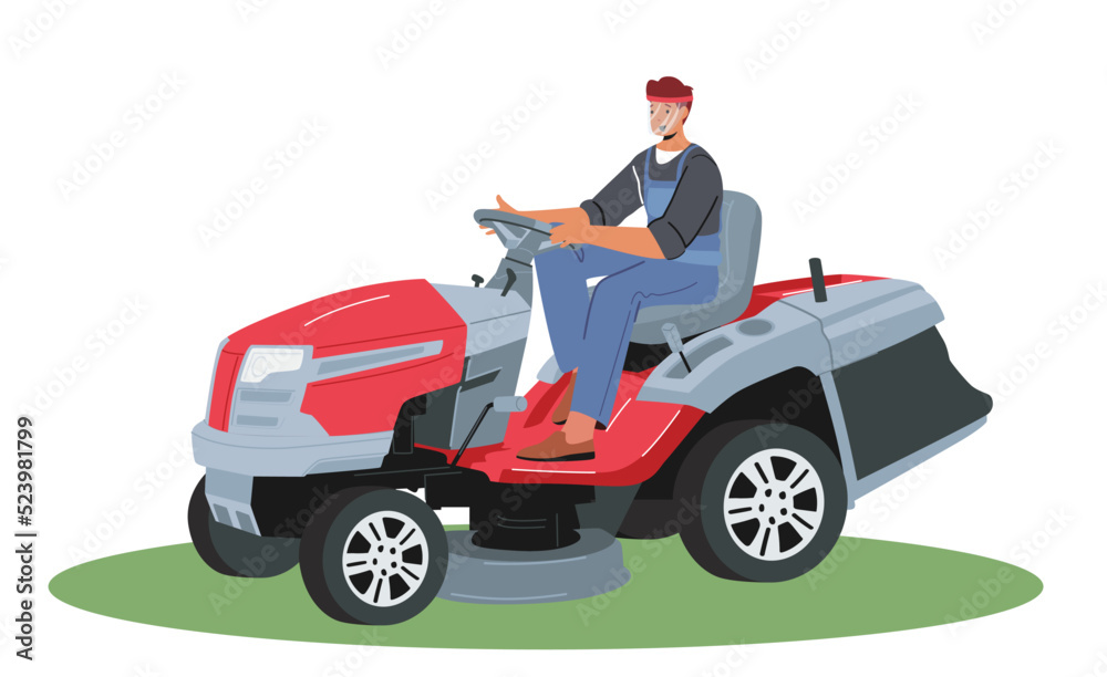 Male Character Driving Lawn Mower Machine to Mow Lawn at Home Backyard, Garden or Park. Man Gardener or Worker Male Character Driving Lawn Mower Machine to Mow Lawn at Home Backyard, Garden or Park. Man Gardener or Worker