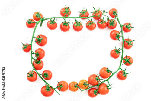 Delicious and rich tomatoes on a branch with drops of water  isolated on a white background. Agricultural harvest and daily healthy food