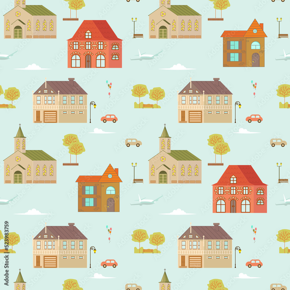 Seamless pattern with cute town print Flat