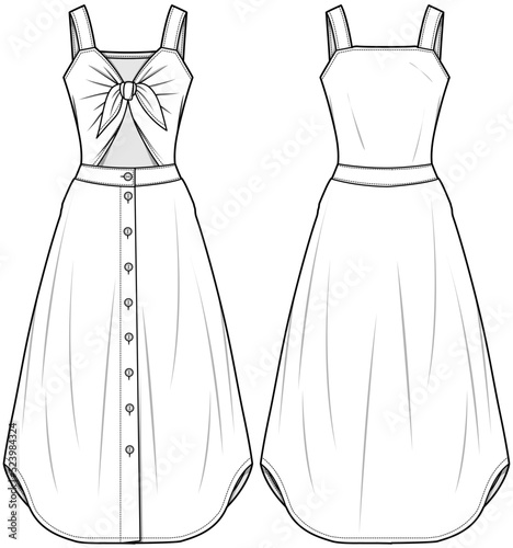 Front Knot Cutout Strap Flared Summer Dress  Front and Back View. Fashion Illustration, Vector, CAD, Technical Drawing, Flat Drawing, Template, Mockup.