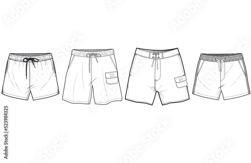 Beach Shorts, Men's Short Set Fashion Illustration, Vector, CAD, Technical Drawing, Flat Drawing, Template, Mockup.