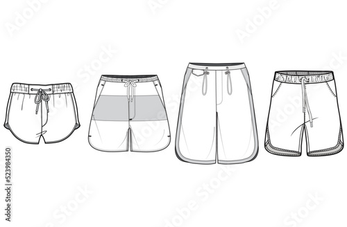 Beach Short, Board shorts, Swim shorts Sets Fashion Illustration, Vector, CAD, Technical Drawing, Flat Drawing, Template, Mockup.