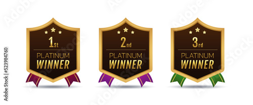 1st 2nd 3rd platinum winner award honor shield shape. Premium luxury golden gradient vector.