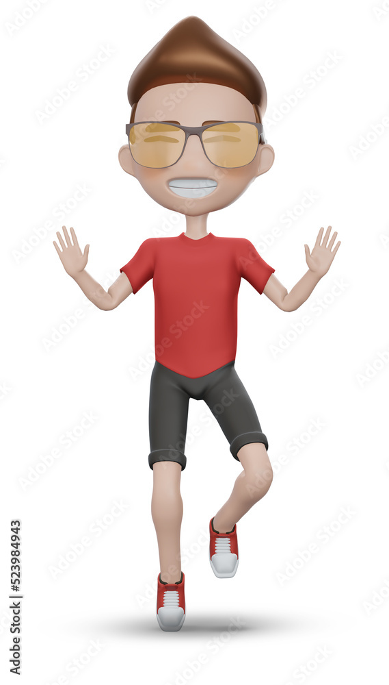 3d render Cartoon boy character in red shirt and black pant , character of an asian guy jumping and dancing holding his hands up. 3d render Cartoon boy character in red shirt and black pant , character of an asian guy jumping and dancing holding his hands up.