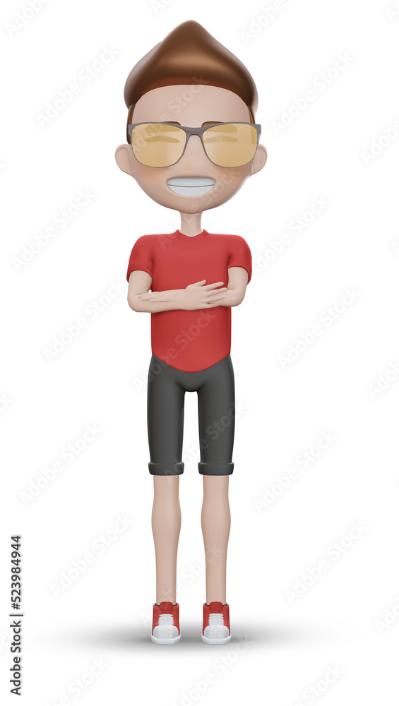 3d render Cartoon boy character in  red shirt and black pant