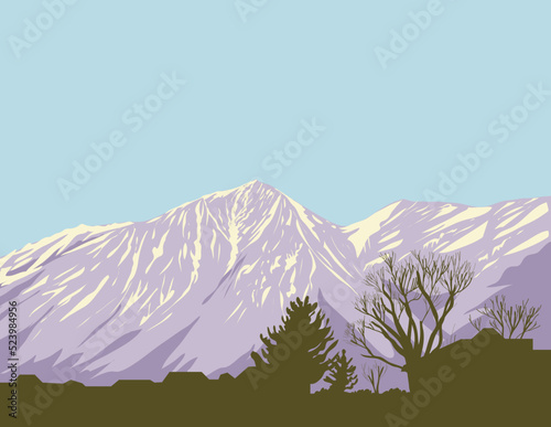 WPA poster art of Monument Peak and East Peak in South Lake Tahoe as viewed from Gardnerville in Douglas County, Nevada, United States USA done in works project administration style. photo