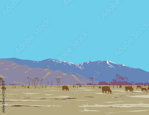 WPA poster art of Monument Peak and East Peak with dairy farm viewed from Gardnerville in Douglas County, Nevada, United States USA done in works project administration style.