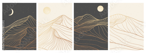 set of creative minimalist modern line art print. Abstract mountain contemporary aesthetic backgrounds landscapes. with mountain, moon, sea, skyline, wave. vector illustrations