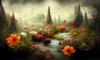 Fototapete Grau 2 verträumte surreale Fantasielandschaft in Herbstfarben, digitale Illustration  © Coka