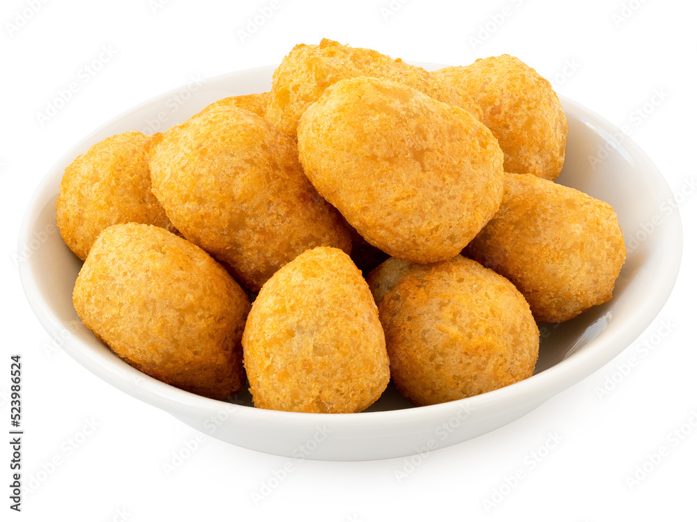 Fried breaded chilli cheese nuggets in a white ceramic bowl isolated on white. Fried breaded chilli cheese nuggets in a white ceramic bowl isolated on white.