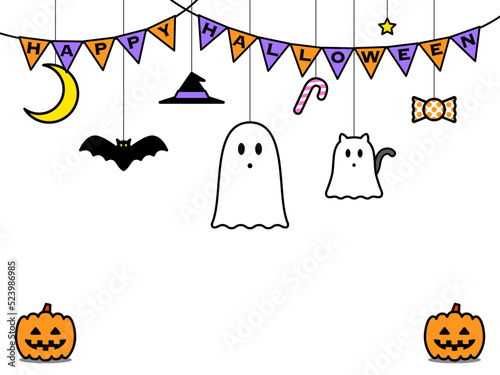オバケとコウモリとお菓子のハロウィン壁紙（白バック）