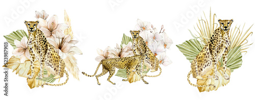 Beautiful animal composition border with hand drawn watercolor cute cheetah in tropical boho dried floral and flower, leaves,  branches. Safari kids design, wedding invitation. Stock illustration