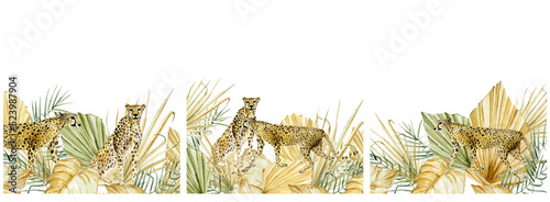 Beautiful animal composition banner with hand drawn watercolor cute cheetah in tropical boho dried floral leaves,  branches. Safari kids design, wedding invitation. Stock illustration