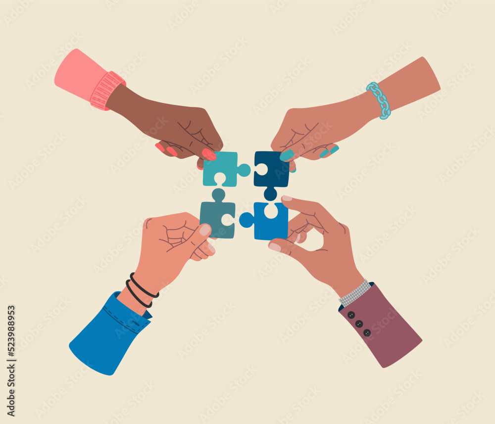 Group of hands connect puzzle pieces. Collaboration concept. Teamwork, partnership. Hand drawn color vector illustration isolated on light background. Modern flat cartoon style.