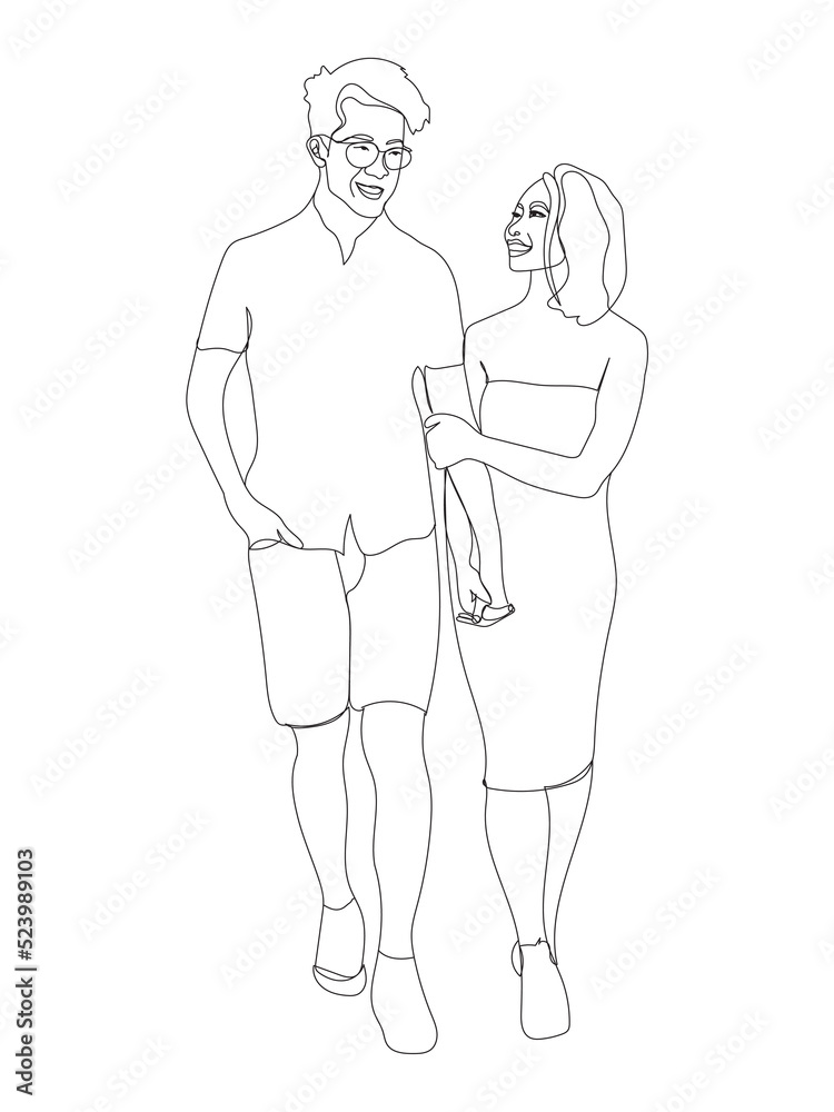 Young guy and girl are isolated on a white background. Relationship concept. Outline drawing. Vector illustration Young guy and girl are isolated on a white background. Relationship concept. Outline drawing. Vector illustration