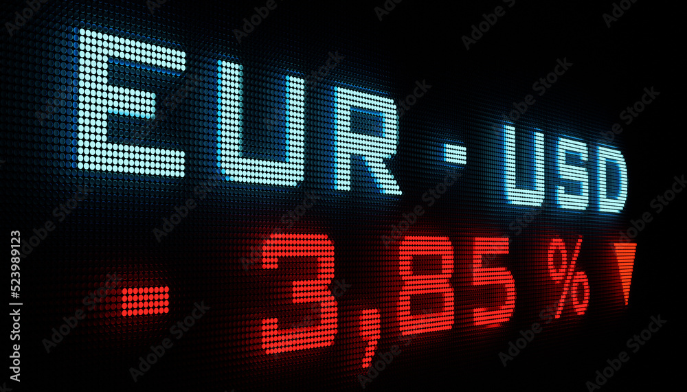 Euro drops against the US Dollar, weak exchange rate. EUR -USD currency symbol and negative change in the exchange rate on LED screen.  Currency trading, business and banking concept. 3D illustration