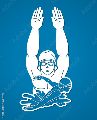 People Swimming Together Group of Swimmer Action Cartoon Sport Graphic Vector
