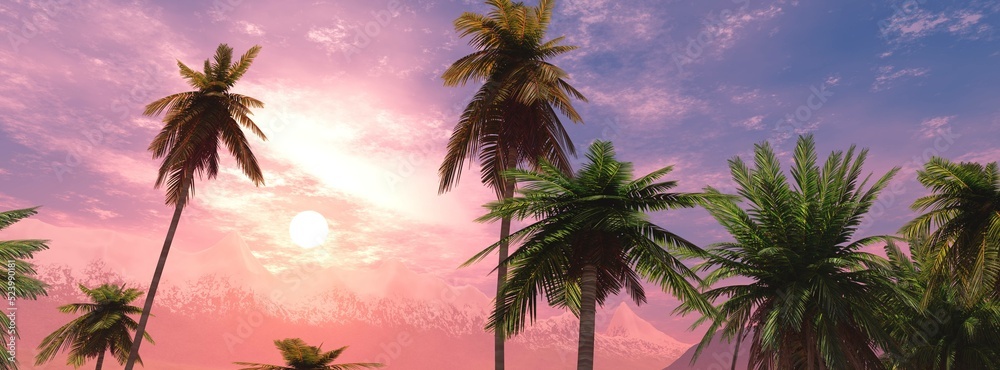 Beautiful palm trees against the sunset sky, 3d rendering