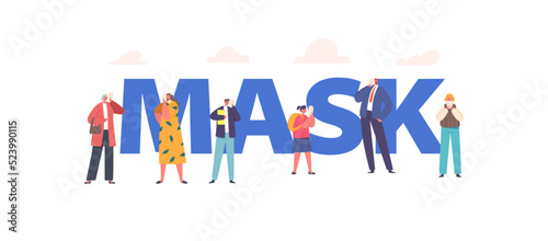 Mask Concept, Characters Hiding Face Behind Social Masks With Fake Positive Emotions. Sad Men, Women and Kids Disguising