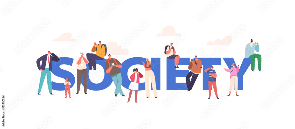 Fototapeta premium Society Concept, People Communicate By Mobile Phones. Adults, Teenagers, Children Characters Speaking By Smartphones