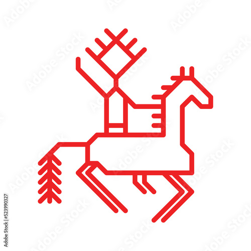 Vector flat isolated ornamental illustration has red simple symbol of horse and man on back. Outline icon with foal and rider is traditional decorative element of Karelian and Finnish peoples