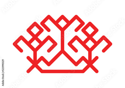Vector isolated illustration. Red simplified Finnish symbol of bush with berries. Outline icon of flowers and shrub is national Karelian ornamental element. Decorative sigh of plant for embroidery