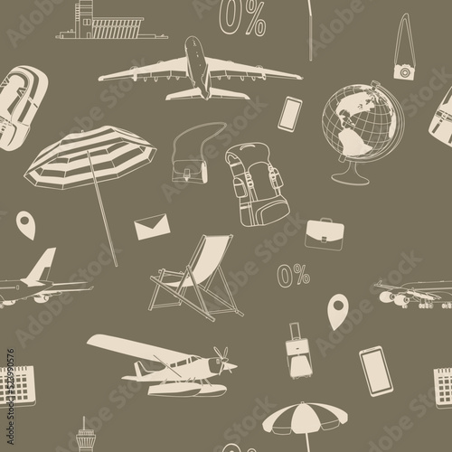 Seamless texture on the theme of travel and tourism. Vector.