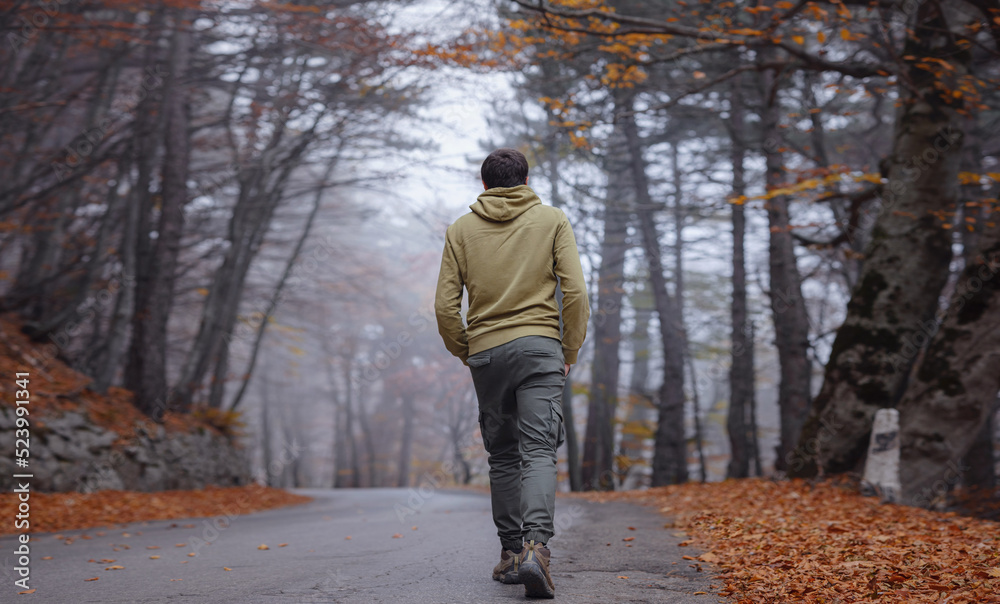 Young handsome man posing in autumn forest on road. young hipster guy with backpack , traveller standing in woods, Hiking, Forest, Journey, active healthy lifestyle, adventure, vacation concept. Young handsome man posing in autumn forest on road. young hipster guy with backpack , traveller standing in woods, Hiking, Forest, Journey, active healthy lifestyle, adventure, vacation concept.
