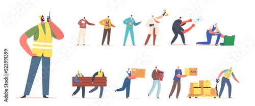 Set Male Characters Different Professions. Men Worker, Loader with Box and Construction Materials, Calculator, Toolbox