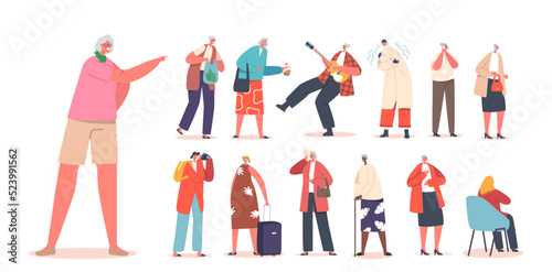 Set of Senior Women Activities and Fun. Old Female Characters Travel with Suitcase, Call by Mobile, Playing in Rock Band
