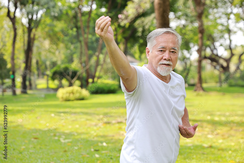 Asian senior man practice yoga excercise, tai chi tranining, stretching and meditation together with relaxation for healthy in park outdoor after retirement. Happy elderly outdoor lifestyle concept Asian senior man practice yoga excercise, tai chi tranining, stretching and meditation together with relaxation for healthy in park outdoor after retirement. Happy elderly outdoor lifestyle concept