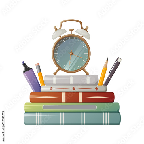 Books, alarm clock and stationery. Items for school, education. Vector illustration, cartoon style