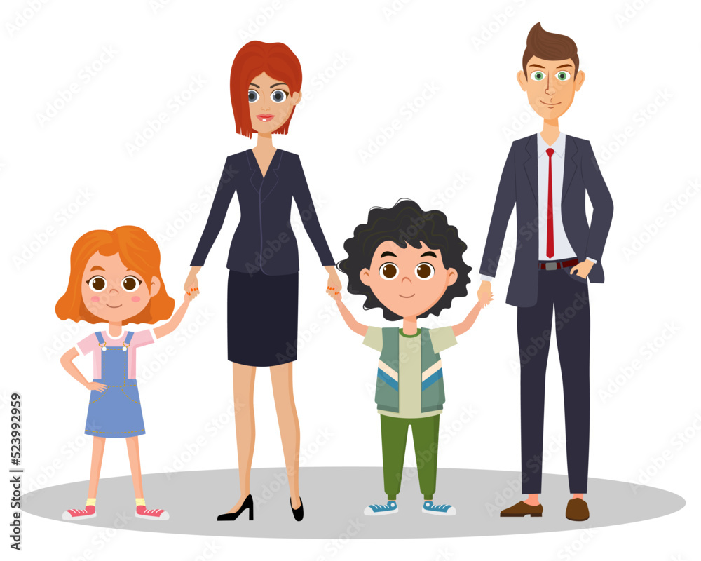 A friendly family.Children hold hands with their mom and dad.Vector illustration. A friendly family.Children hold hands with their mom and dad.Vector illustration.