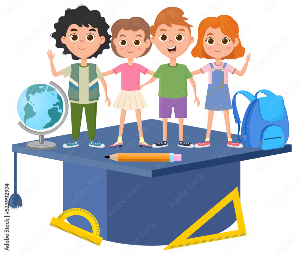 Fototapeta premium Happy funny boys and girls are going to school .Flat vector illustration