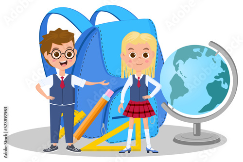 Children, briefcase and globe.Children are getting ready to go to school and are standing near a large briefcase .Vector illustration.