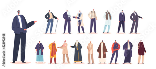 Set of Grooms, Male Characters of Different Ethnicity Prepare for Wedding Ceremony. Caucasian, Jewish, Asian, Muslim