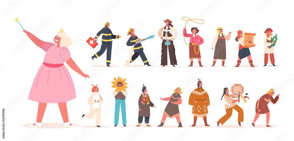 Set of Little Girls Characters Fun and Games Isolated on White Background. Children Playing in Firefighters, Indians