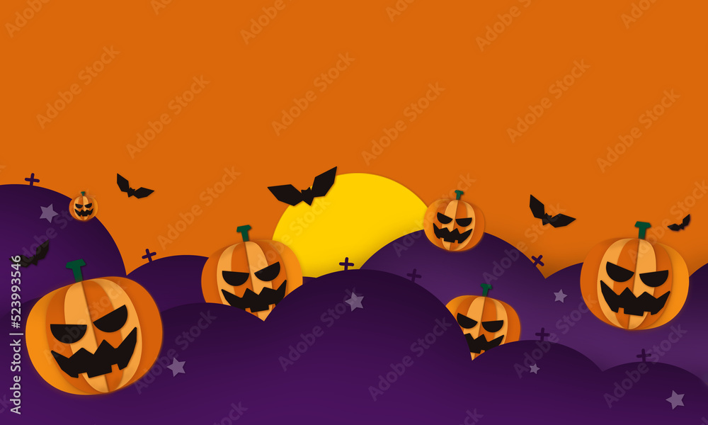 halloween background vector design 2022 for party invitation, greeting card, web, banner with bat, moon, horror pumpkin, purple cemetery on orange background halloween background vector design 2022 for party invitation, greeting card, web, banner with bat, moon, horror pumpkin, purple cemetery on orange background