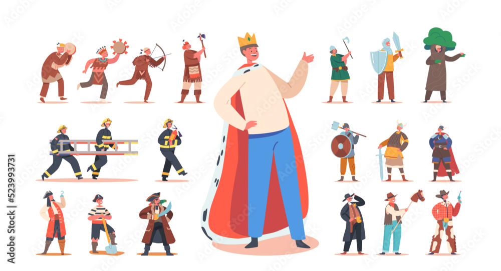 Set Boys in Costumes of King, Firefighter, Viking, Knight, Tree, Cowboy or Sheriff. Little Characters School Spectacle