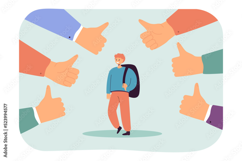 Huge thumbs up around happy student with backpack. Teachers or classmates approving of boy flat vector illustration. Education, success concept for banner, website design or landing web page