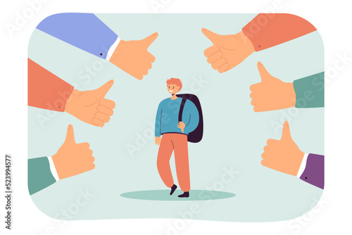 Huge thumbs up around happy student with backpack. Teachers or classmates approving of boy flat vector illustration. Education, success concept for banner, website design or landing web page