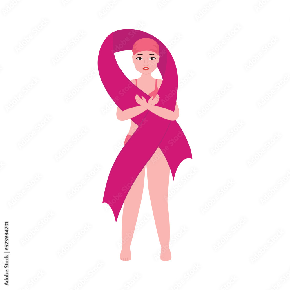 Bald Young Girl Covering From Pink Cross Ribbon On White Background. Bald Young Girl Covering From Pink Cross Ribbon On White Background.