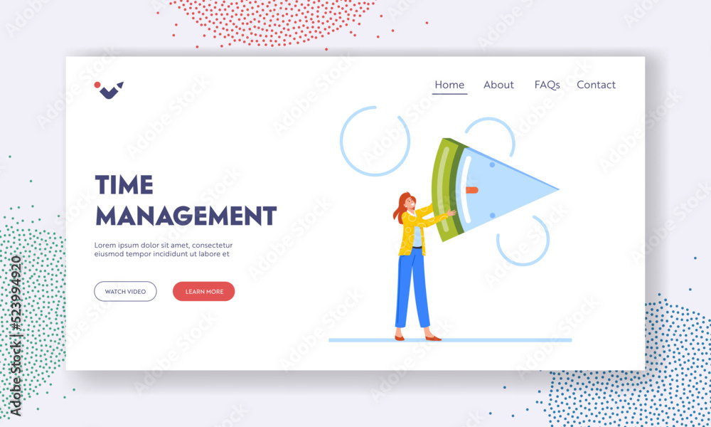 Time Management Landing Page Template. Businesswoman Character Holding Clock Timer Piece. Tasks Allocation, Control